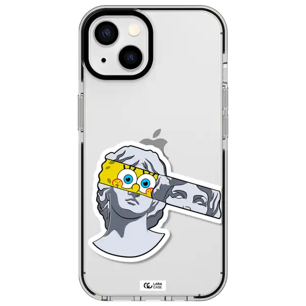 a cartoon of a statue with a yellow spongebob over its eyes Apple iPhone 13 impact black border Case