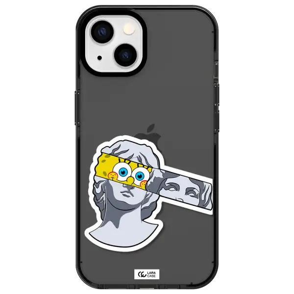 a cartoon of a statue with a yellow spongebob over its eyes Apple iPhone 13 impact Smoke Black Case