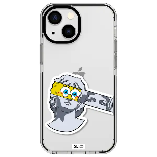 a cartoon of a statue with a yellow spongebob over its eyes Apple iPhone 13 mini impact black border Case