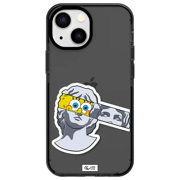 a cartoon of a statue with a yellow spongebob over its eyes Apple iPhone 13 mini impact Smoke Black Case