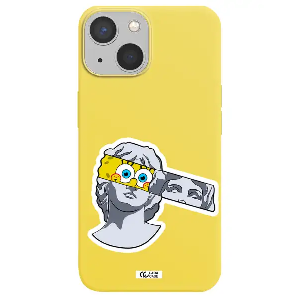 a cartoon of a statue with a yellow spongebob over its eyes Apple iPhone 13 mini Silicone canary yellow Case