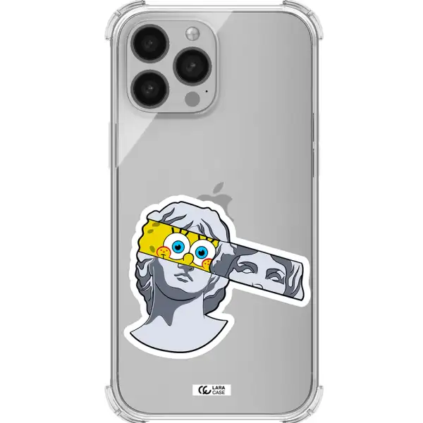 a cartoon of a statue with a yellow spongebob over its eyes Apple iPhone 13 Pro Clear PC Case