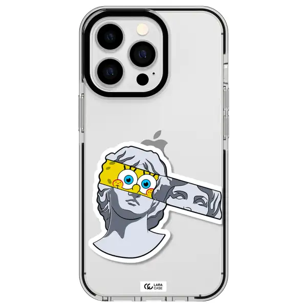 a cartoon of a statue with a yellow spongebob over its eyes Apple iPhone 13 Pro impact black border Case