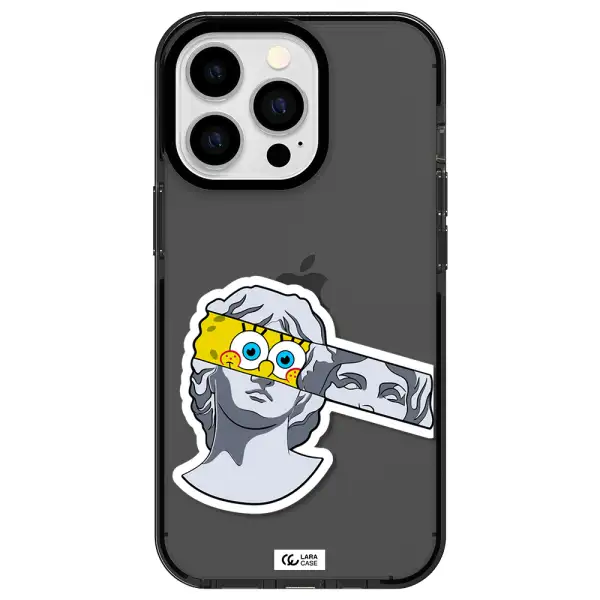 a cartoon of a statue with a yellow spongebob over its eyes Apple iPhone 13 Pro impact Smoke Black Case