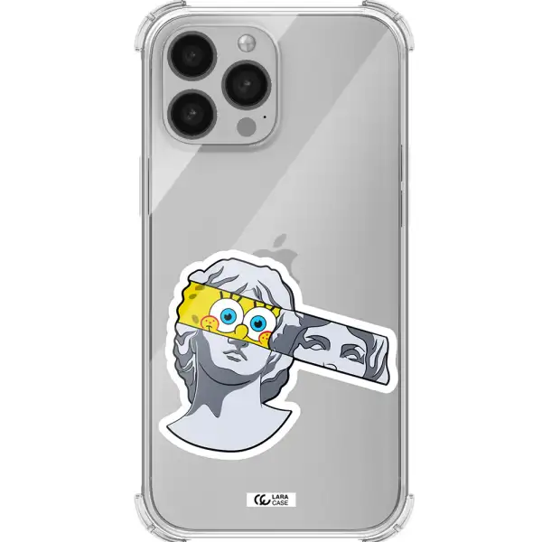 a cartoon of a statue with a yellow spongebob over its eyes Apple iPhone 13 Pro Max Clear PC Case
