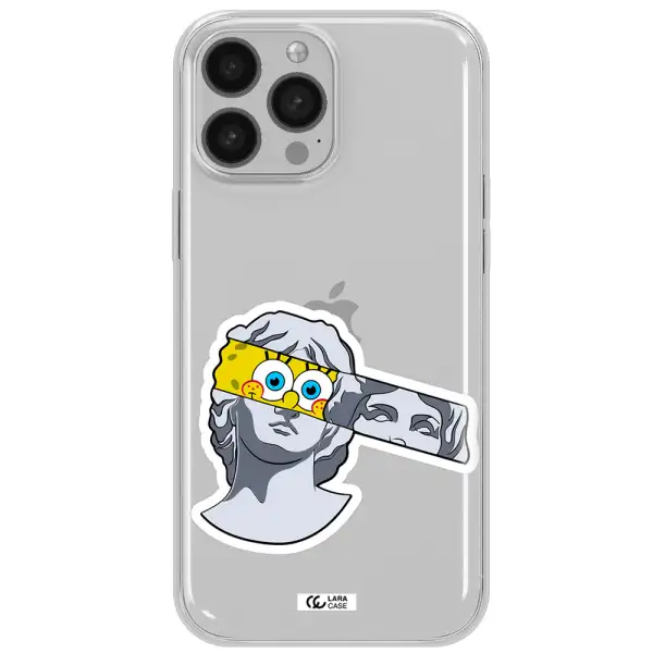 a cartoon of a statue with a yellow spongebob over its eyes Apple iPhone 13 Pro Max Clear TPU Case