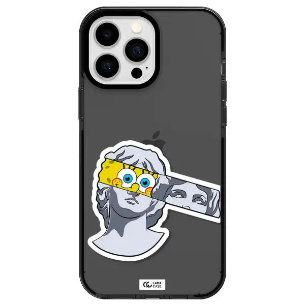a cartoon of a statue with a yellow spongebob over its eyes Apple iPhone 13 Pro Max impact Smoke Black Case