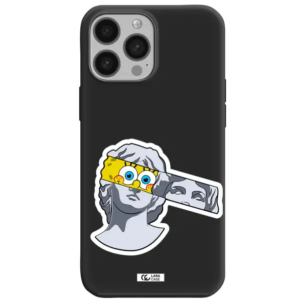 a cartoon of a statue with a yellow spongebob over its eyes Apple iPhone 13 Pro Max Silicone black Case