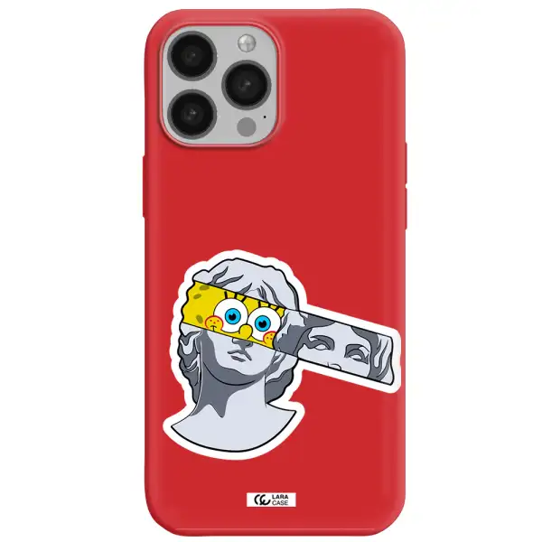 a cartoon of a statue with a yellow spongebob over its eyes Apple iPhone 13 Pro Max Silicone Imperial Red Case