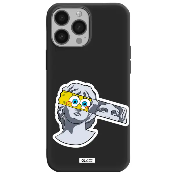 a cartoon of a statue with a yellow spongebob over its eyes Apple iPhone 13 Pro Silicone black Case
