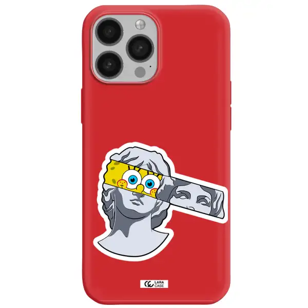 a cartoon of a statue with a yellow spongebob over its eyes Apple iPhone 13 Pro Silicone Imperial Red Case