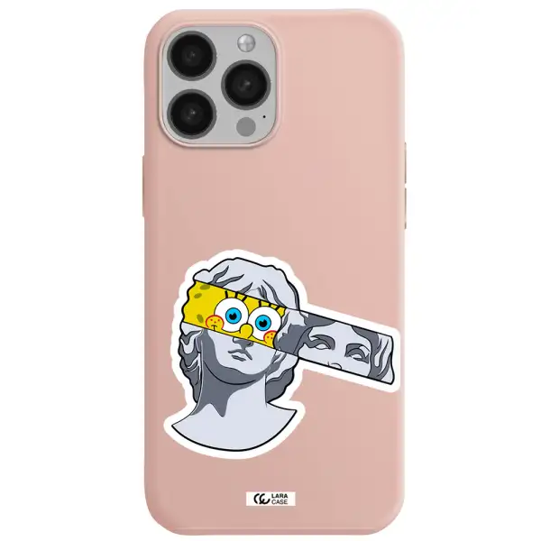a cartoon of a statue with a yellow spongebob over its eyes Apple iPhone 13 Pro Silicone pastel pink Case