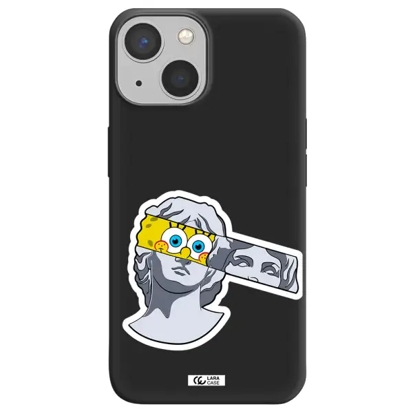 a cartoon of a statue with a yellow spongebob over its eyes Apple iPhone 13 Silicone black Case