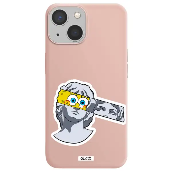 a cartoon of a statue with a yellow spongebob over its eyes Apple iPhone 13 Silicone pastel pink Case