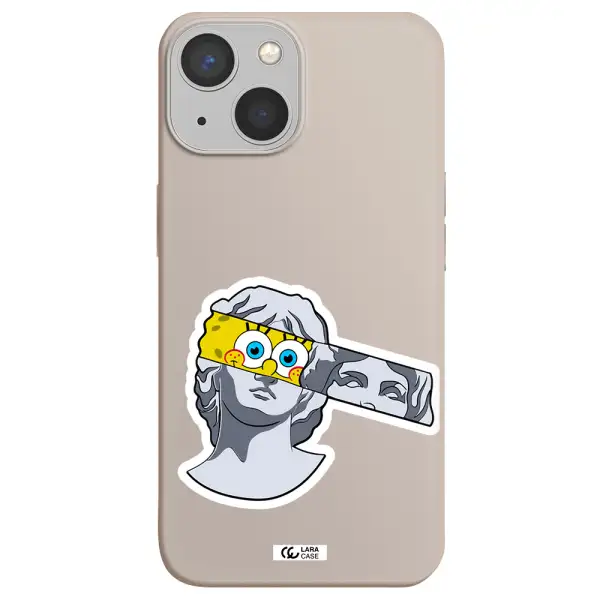 a cartoon of a statue with a yellow spongebob over its eyes Apple iPhone 13 Silicone Stone Case