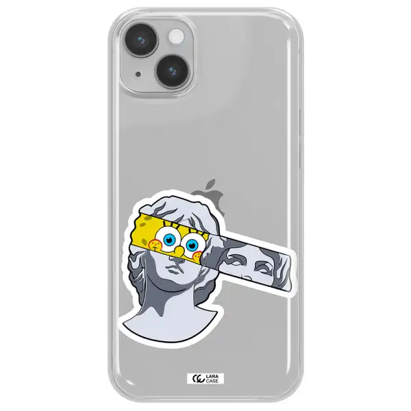 a cartoon of a statue with a yellow spongebob over its eyes Apple iPhone 14 Clear TPU Case