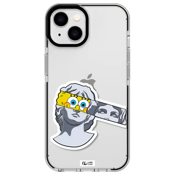 a cartoon of a statue with a yellow spongebob over its eyes Apple iPhone 14 impact black border Case
