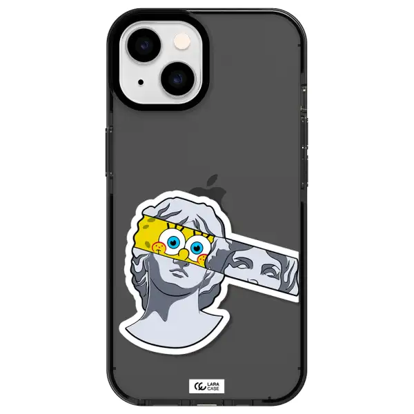 a cartoon of a statue with a yellow spongebob over its eyes Apple iPhone 14 impact Smoke Black Case