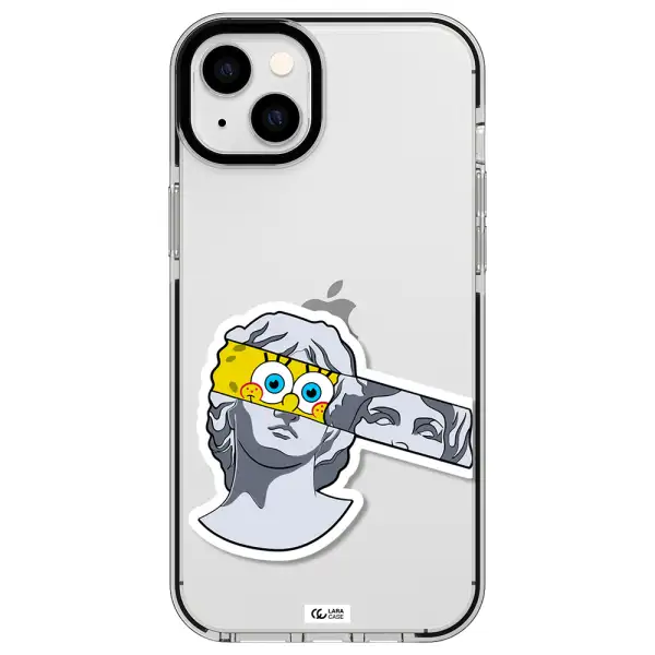 a cartoon of a statue with a yellow spongebob over its eyes Apple iPhone 14 plus impact black border Case