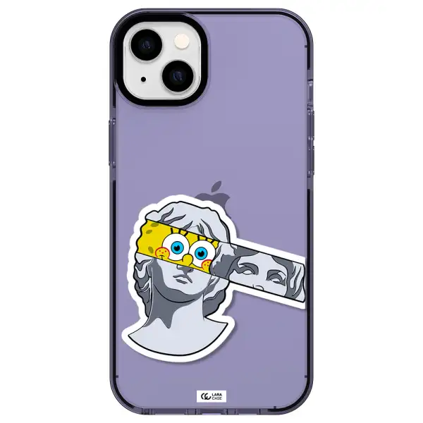 a cartoon of a statue with a yellow spongebob over its eyes Apple iPhone 14 plus impact Lilac Case
