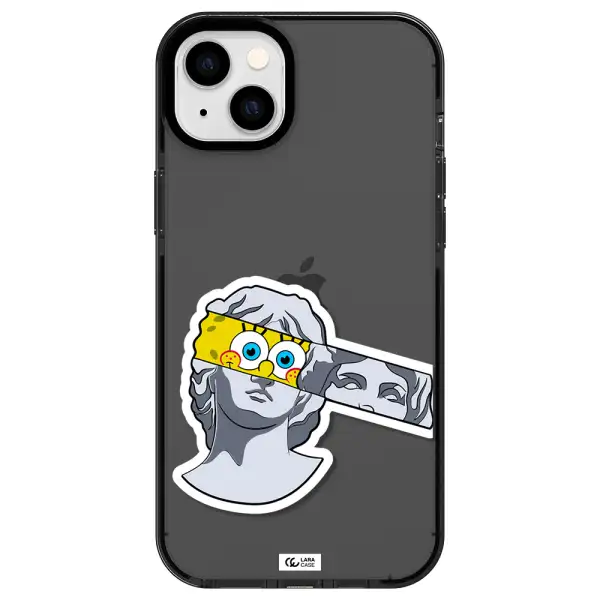a cartoon of a statue with a yellow spongebob over its eyes Apple iPhone 14 plus impact Smoke Black Case
