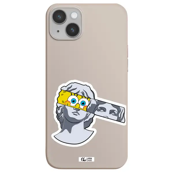 a cartoon of a statue with a yellow spongebob over its eyes Apple iPhone 14 plus Silicone Stone Case