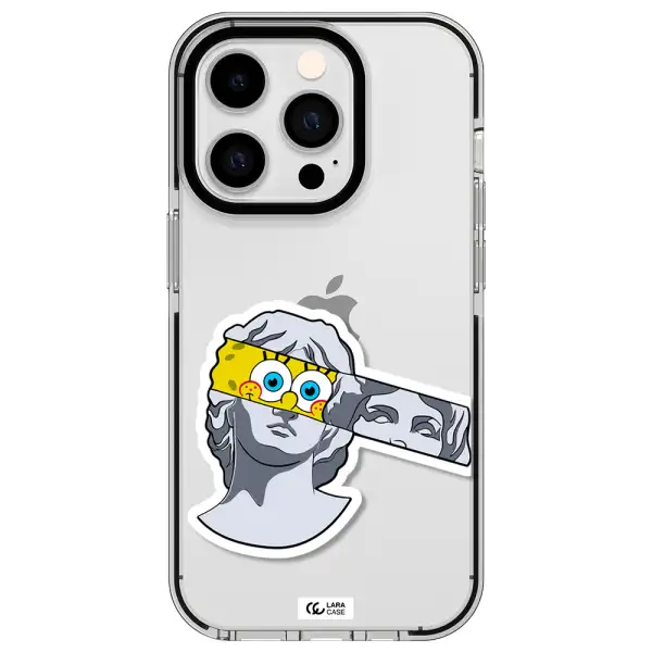 a cartoon of a statue with a yellow spongebob over its eyes Apple iPhone 14 pro impact black border Case