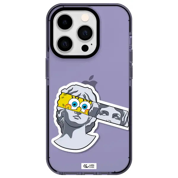 a cartoon of a statue with a yellow spongebob over its eyes Apple iPhone 14 pro impact Lilac Case