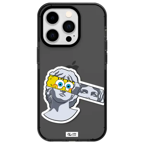 a cartoon of a statue with a yellow spongebob over its eyes Apple iPhone 14 pro impact Smoke Black Case