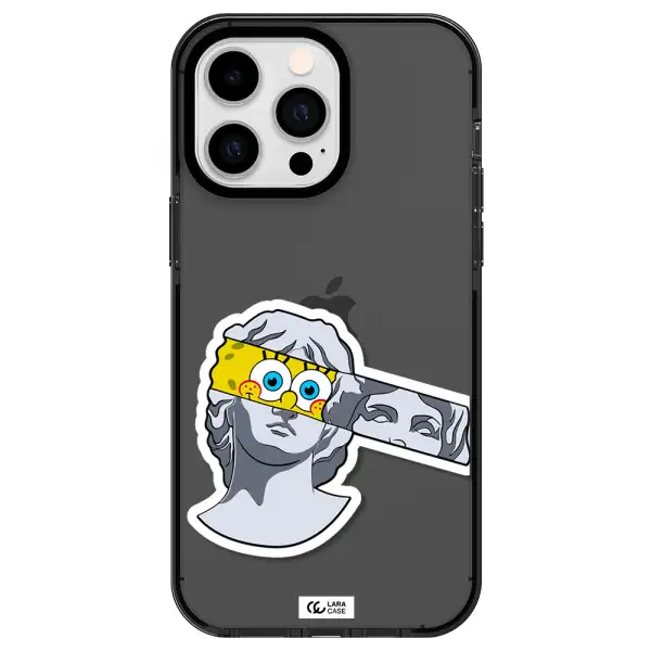 a cartoon of a statue with a yellow spongebob over its eyes Apple iPhone 14 pro max impact Smoke Black Case