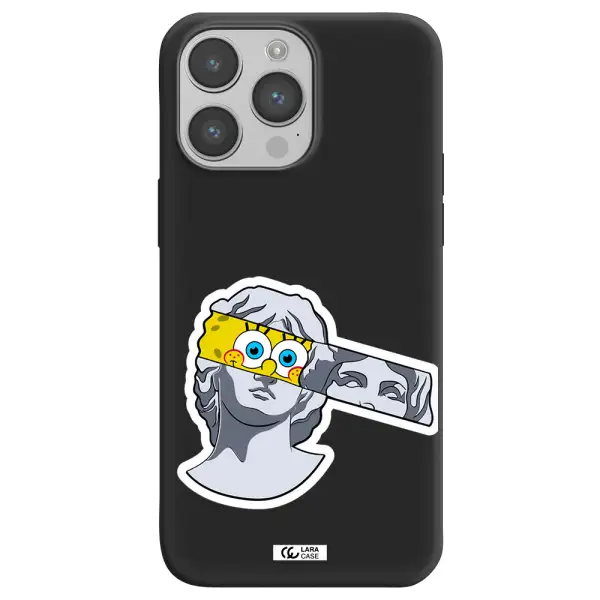 a cartoon of a statue with a yellow spongebob over its eyes Apple iPhone 14 pro max Silicone black Case