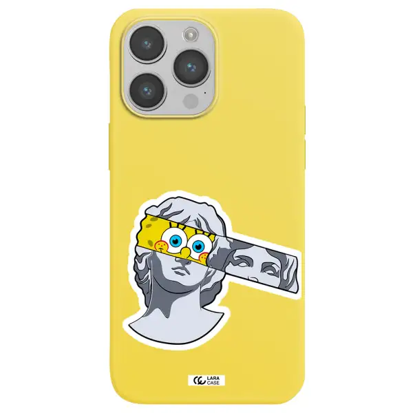 a cartoon of a statue with a yellow spongebob over its eyes Apple iPhone 14 pro Silicone canary yellow Case