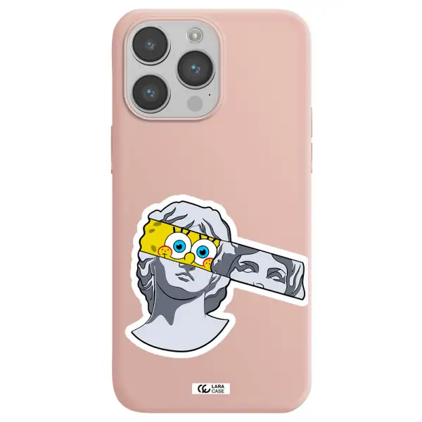 a cartoon of a statue with a yellow spongebob over its eyes Apple iPhone 14 pro Silicone pastel pink Case