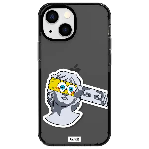 a cartoon of a statue with a yellow spongebob over its eyes Apple iPhone 15 impact Smoke Black Case