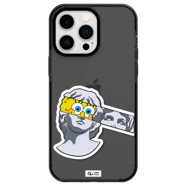 a cartoon of a statue with a yellow spongebob over its eyes Apple iPhone 15 Pro impact Smoke Black Case