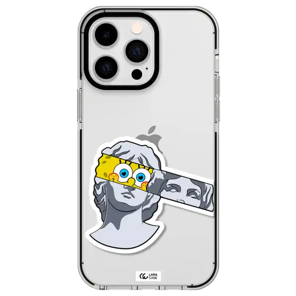 a cartoon of a statue with a yellow spongebob over its eyes Apple iPhone 15 Pro Max impact black border Case