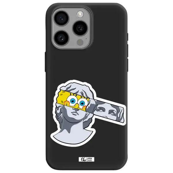 a cartoon of a statue with a yellow spongebob over its eyes Apple Iphone 15 Pro max Silicone black Case