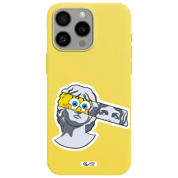 a cartoon of a statue with a yellow spongebob over its eyes Apple Iphone 15 Pro max Silicone canary yellow Case
