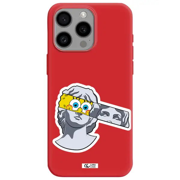 A Cartoon Of A Statue With A Yellow Spongebob Over Its Eyes Apple Iphone 15 Pro Max Silicone Imperial Red Case