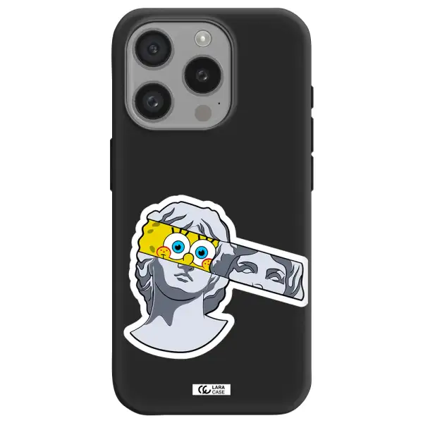 A Cartoon Of A Statue With A Yellow Spongebob Over Its Eyes Apple Iphone 15 Pro Silicone Black Case