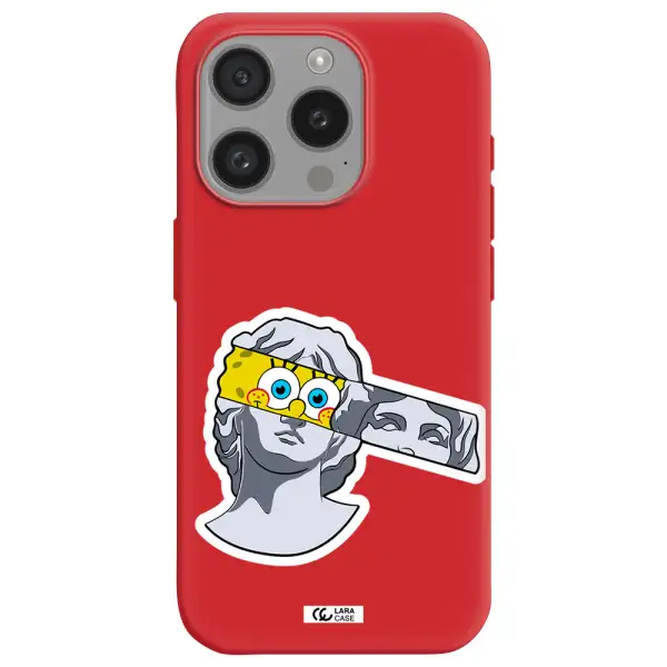 A Cartoon Of A Statue With A Yellow Spongebob Over Its Eyes Apple Iphone 15 Pro Silicone Imperial Red Case