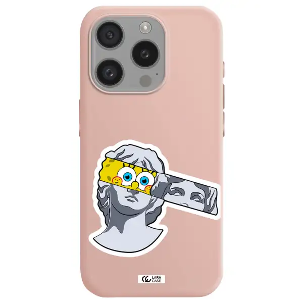 A Cartoon Of A Statue With A Yellow Spongebob Over Its Eyes Apple Iphone 15 Pro Silicone Pastel Pink Case