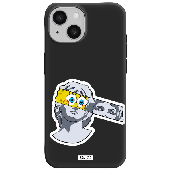 a cartoon of a statue with a yellow spongebob over its eyes Apple iPhone 15 Silicone black Case