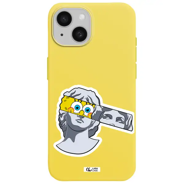 a cartoon of a statue with a yellow spongebob over its eyes Apple iPhone 15 Silicone canary yellow Case
