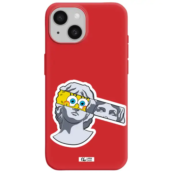 A Cartoon Of A Statue With A Yellow Spongebob Over Its Eyes Apple Iphone 15 Silicone Imperial Red Case