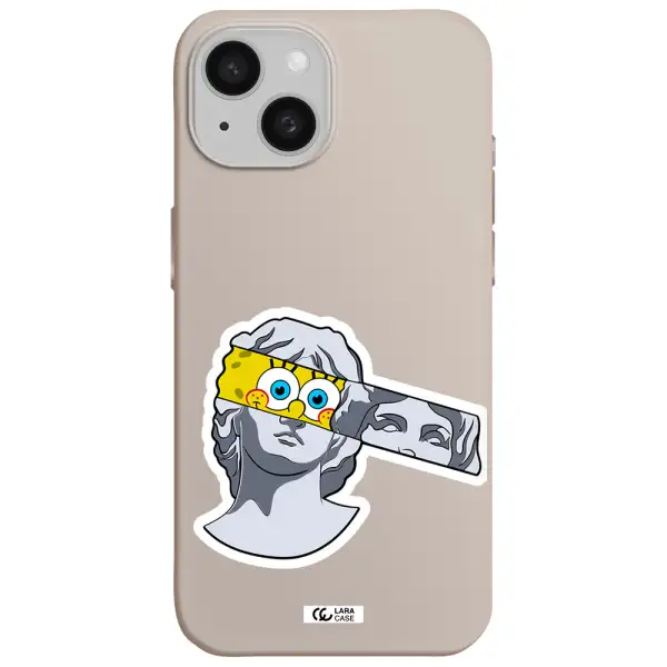 a cartoon of a statue with a yellow spongebob over its eyes Apple iPhone 15 Silicone Stone Case