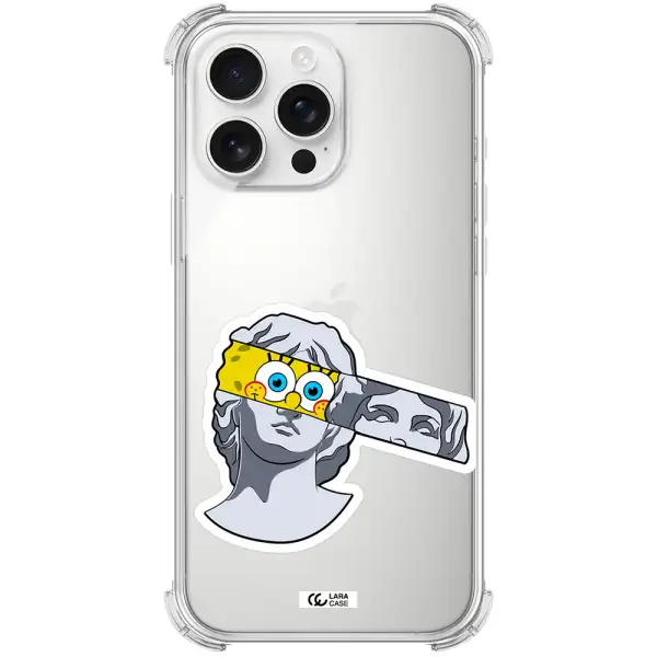 A Cartoon Of A Statue With A Yellow Spongebob Over Its Eyes Apple Iphone 16 Pro Max Clear Pc Case