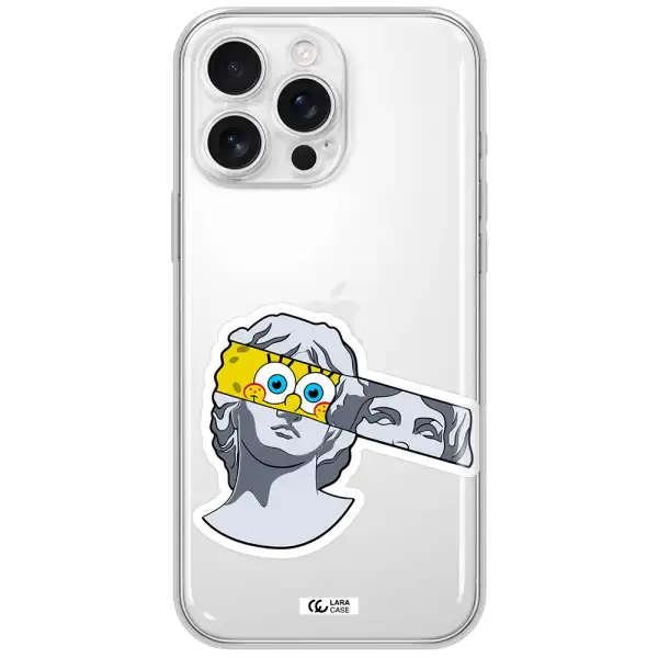 A Cartoon Of A Statue With A Yellow Spongebob Over Its Eyes Apple Iphone 16 Pro Max Clear Tpu Case