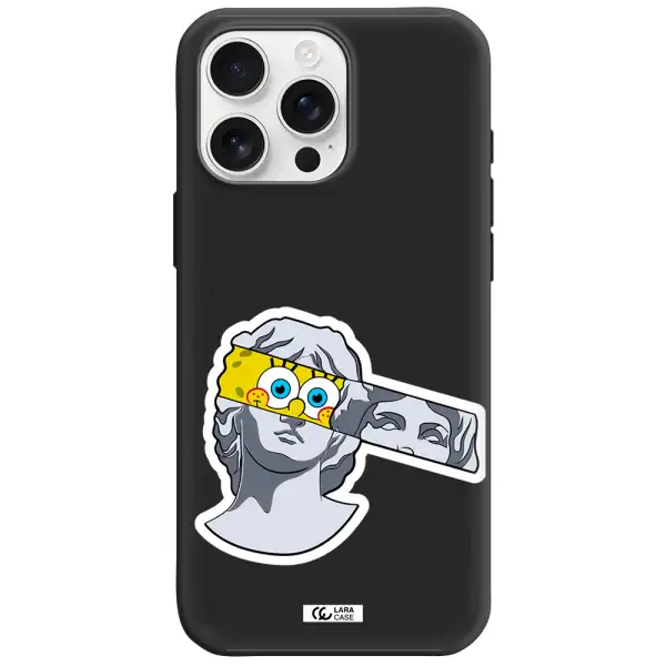 A Cartoon Of A Statue With A Yellow Spongebob Over Its Eyes Apple Iphone 16 Pro Max Silicone Black Case