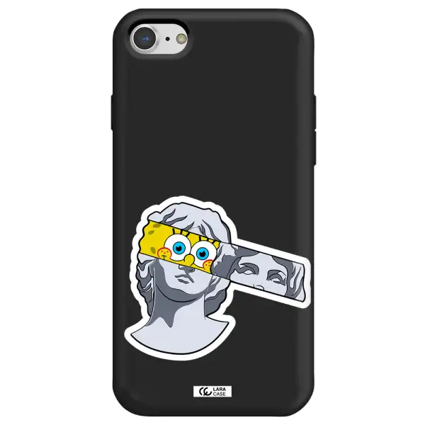 a cartoon of a statue with a yellow spongebob over its eyes Apple iPhone 7 Silicone black Case